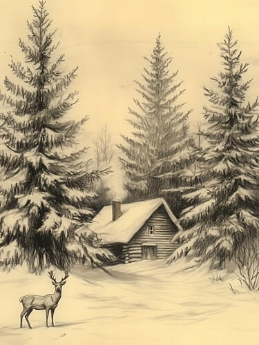 Rustic Winter Cabin Deer Art Print by Jolly and Dash