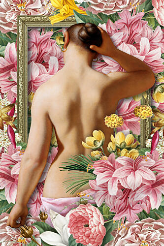 Woman Among Blooms Gold Print