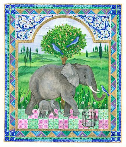 Elephants and Bird Cage Clean Art Print