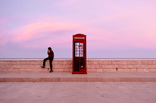Red Phone Booth Pink Sky Art Print