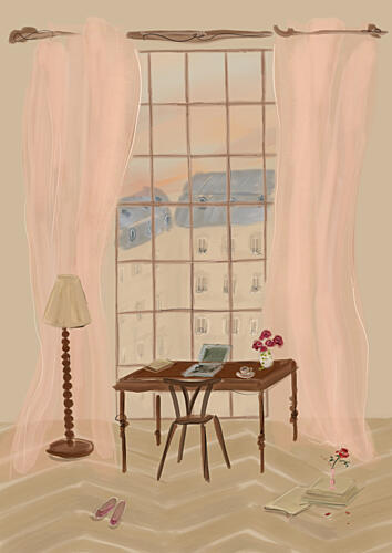 Paris Window View Illustration with Rustic Desk Still Life Print