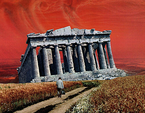 Ancient Ruins Red Sky Gold Print