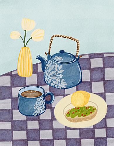 Blue Teapot Breakfast Art Print
