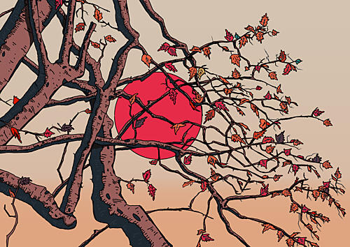 Red Sun Autumn Branches Art Print
