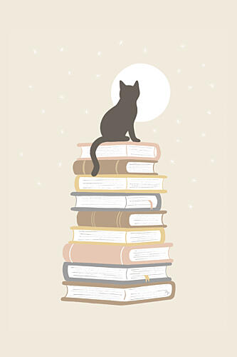 Moonlit Cat on Books Art Print by Martina