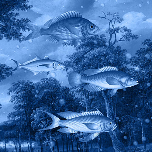Fish Among Blue Trees Art Print