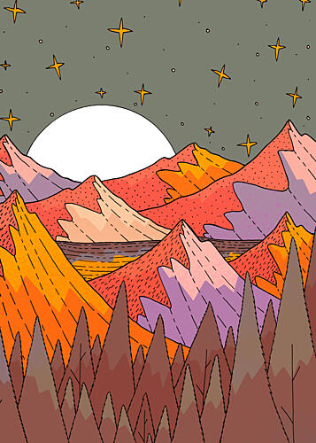 Moon over Colorful Mountains Art Print
