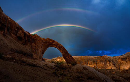 Double Rainbow Desert Arch Gold Print