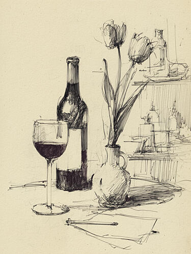 Wine and Tulips Sketch Art Print