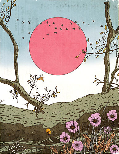 Red Sun Flying Birds Art Print