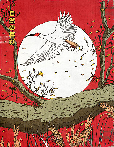 Flying Crane Red Sun Art Print