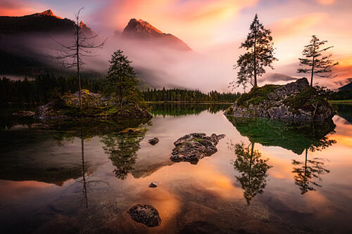 Misty Alpine Lake Sunrise Art Print by Dieter Weck