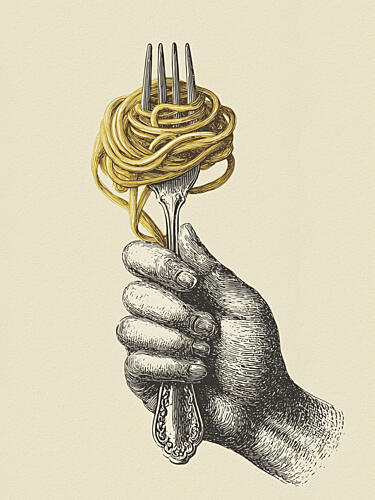 Hand Holding Spaghetti Fork Gold Print