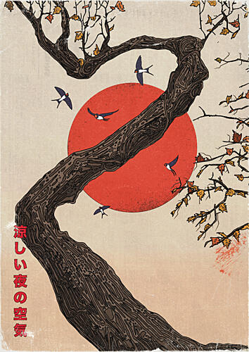 Red Sun Tree Swallows Art Print