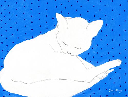 White Cat Blue Polka Dots Art Print