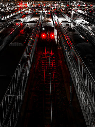 Red Lights Night Trains Art Print by Yohei Kawashima