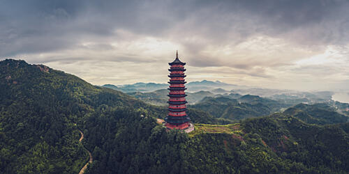 Misty Mountain Pagoda Art Print