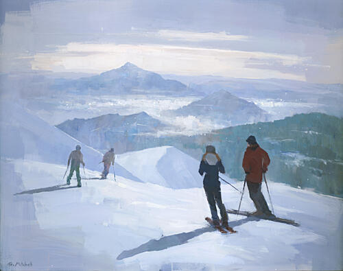 Skiers on Snowy Peaks Art Print by Steve Mitchell