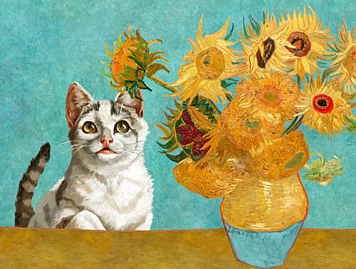 Curious Cat and Sunflowers Art Print