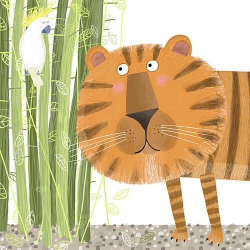 Curious Tiger and Parrot Art Print
