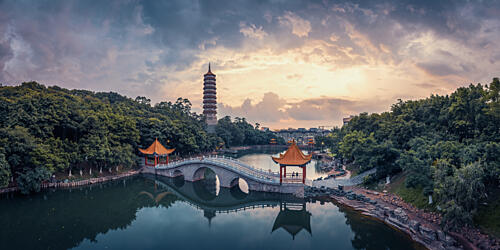 Serene Pagoda Sunset Art Print