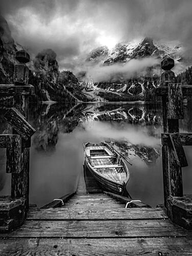 Misty Mountain Lake Boat Art Print