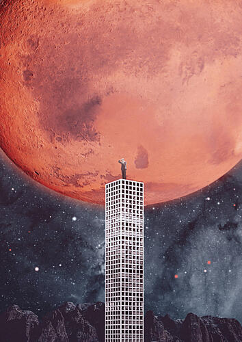 Skyscraper Man Views Mars Art Print by Daniel Donocik