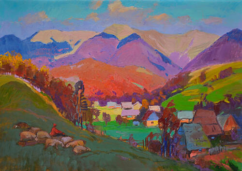 Vibrant Mountain Village Art Print