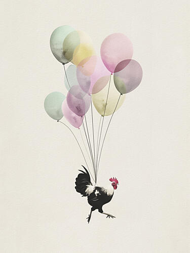 Flying Rooster Balloons Art Print