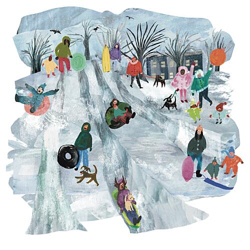 Happy Sledding Hill Art Print by Claire Hanley