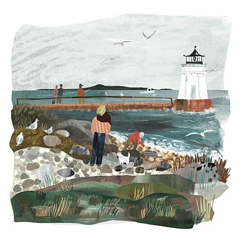 Seaside Lighthouse Stroll Art Print by Claire Hanley