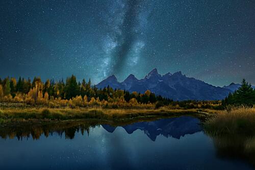 Starry Mountain Lake Reflection Gold Print