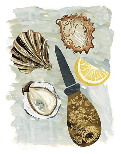 Oysters Lemon and Shucker Art Print by Claire Hanley