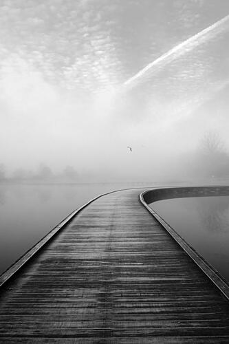 Misty Morning Boardwalk Art Print by by Pej