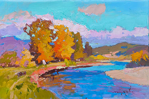 Autumn River Landscape Gold Print