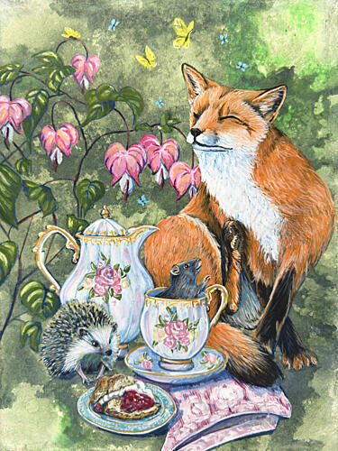 Afternoon Tea Fox Hedgehog and Mouse with Bleeding Heart Flowers by Renee Machan Art Print