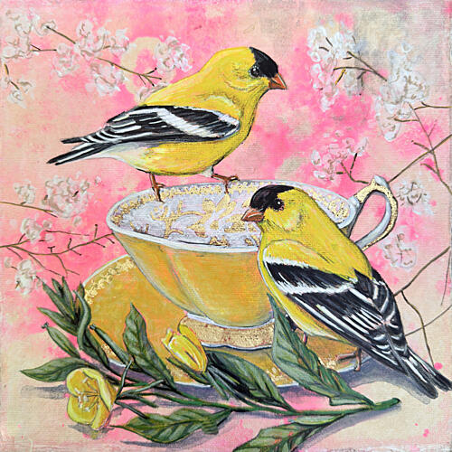 Spring Goldfinches and Teacup Gold Print