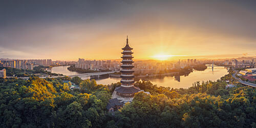 Golden Pagoda Sunset Art Print