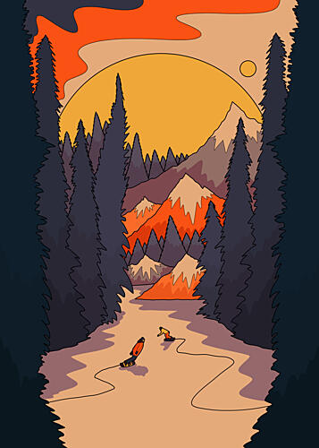 Snowboarding Sunset Mountains Gold Print