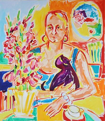 Self Portrait with a Violet Cat After Max Beckmann, Oil on Canvas, 2024 Art Print by Tamara Jare