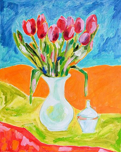 Red Tulips in Vase Art Print by Tamara Jare