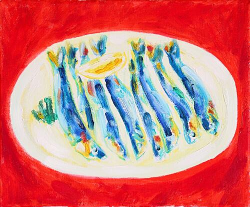 Blue Sardines with Lemon Art Print by Tamara Jare