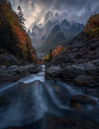 Autumn Mountain River Valley Art Print by Sherry Huang