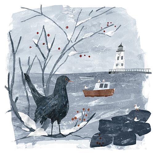 Winter Blackbird Lighthouse Art Print by Claire Hanley
