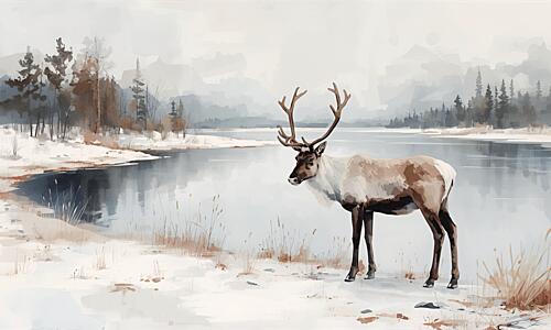 Winter Reindeer Reflections Art Print
