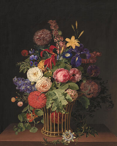 A Light Cane Basket with Flowers by C. D. Fritzsch Art Print by C. D. Fritzsch