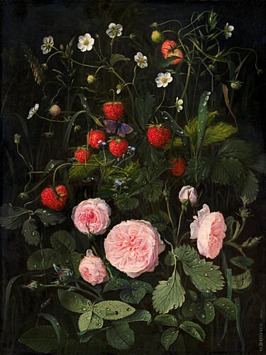 Still Life with Roses and Strawberries Art Print by Otto Diderich Ottesen