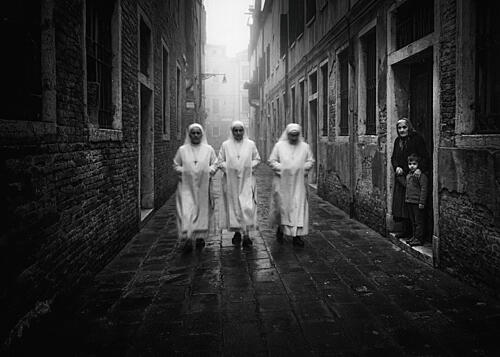 Nuns in Misty Alley Art Print by Holger Droste