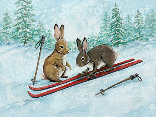 Playful Skiing Hares Art Print