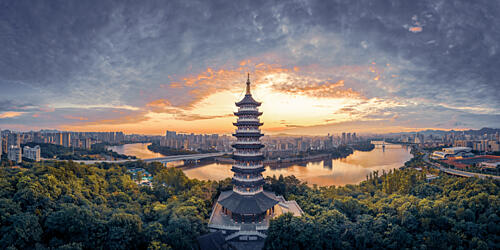 Riverside Pagoda Sunset Gold Print